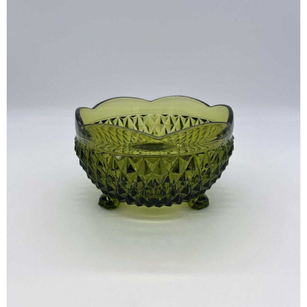Vintage Green Indiana Glass Footed Bowl Candy Dish 3” x 5” Diamond Pattern